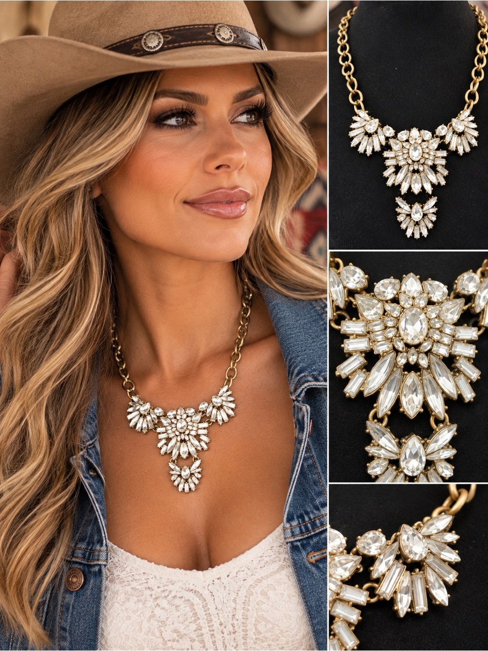 Vintage Western Statement Necklace Gold Tone Crystal Rhinestone Floral Bib